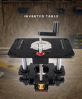 Top Shelf Router Lift Table For Inverted Bench Mount With 69 Millimeter Clamp Head and anodized aluminum frame ready for use.