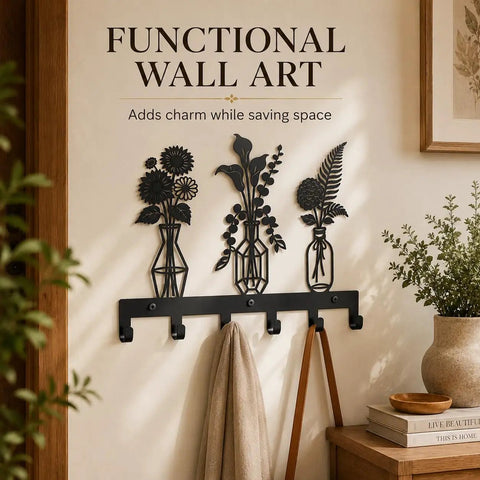 Knockout Premium Decorative Floral Metal Wall Coat Rack Featuring Six Heavy Duty Hooks And Matte Black Finish for keys hats bags and everyday gear in your entryway