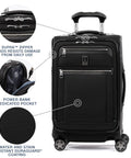 Travelpro Platinum Elite 21-inch softside carry-on luggage, front view, with 8-wheel spinner and USB port, black