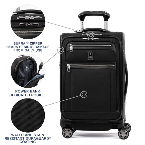 Travelpro Platinum Elite 21-inch softside carry-on luggage, front view, with 8-wheel spinner and USB port, black