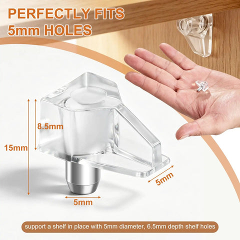 20 Pack Clear Cabinet Shelf Support Pegs Equipped With 5mm Locking Holder Clips showing 5mm clear shelf support peg next to hand.