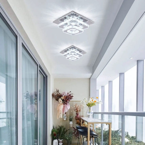 Mini Crystal Chandelier LED Ceiling Light Two Layer Flush Mount Fixture For Hallway Staircase Kitchen And Bathroom Cool White 4500K 30W 110V Non Dimmable With Powder Coated Finish installed on a balcony ceiling.