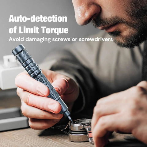 Man using Cordless Mini Electric Screwdriver Set With 28 Magnetic Bits, 3 Gear Torque, to repair delicate electronics.