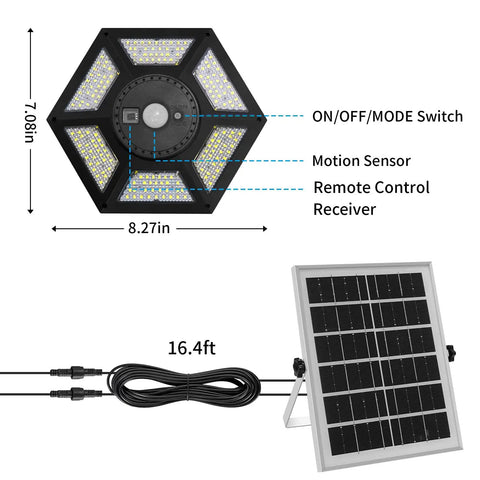 180 LED Dual Head Solar Shed Light Indoor Outdoor With Motion Sensor 5 Lighting Modes And 3 Timers Remote Included diagram
