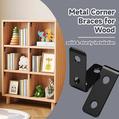 Kickass Heavy Duty Black L Corner Brackets Built To Last With Rust Resistant Coating For Hardcore DIY Woodworking And Renovation Projects Includes Screws Pack displayed on wooden shelf.