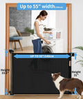 Retractable Baby Gate for Stairs and Doorways, 33 Inch High Expands to 55 Inch Wide, black mesh gate in laundry room.