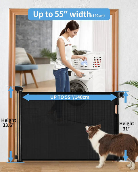 Retractable Baby Gate for Stairs and Doorways, 33 Inch High Expands to 55 Inch Wide, black mesh gate in laundry room.