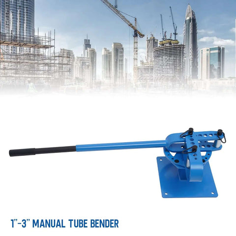 Beefy Workhorse Pipe Bender With 7 Dies One And A Half Inch Benchtop Tube Bending Machine in blue with cityscape background.
