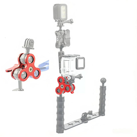 5-In-1 Underwater Camera Mount Kit With 1 Inch Ball Head Aluminum Diving Arm System displayed with strobe light and clamp.