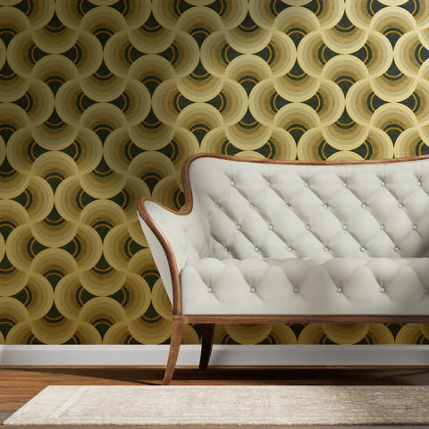 Top Shelf Gold Metallic Scallop Wallpaper For Fresh Room Glow Ups, eco-friendly textured wallpaper with scallop design.