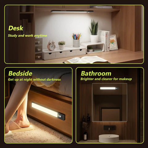 Six Pack 10 Inch Under Cabinet Lights With Digital Battery Level Display, 52 LED Rechargeable Motion Sensor Lights in use