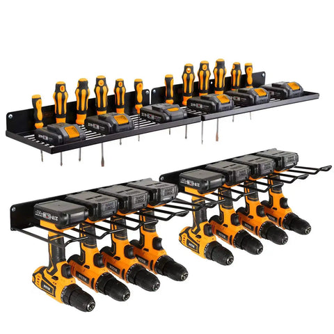 Power Tool Organizer With Charging Station And Drill Holder Wall Mount Heavy Duty Solid Metal Pegboard Garage Shelving In Black Keeps Tools Handy And Tidy 2 Pack 4 Set shown with drills and tools.