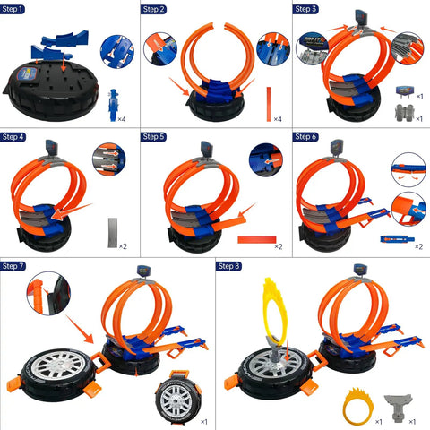 Steps to assemble the Transformable Tire Race Track Set For Kids 3 To 8 With Portable Handle Double Track Course 360 Degree Loops Two Racing Cars Awesome Racing Toy Playset Birthday Gift For Boys And Girls