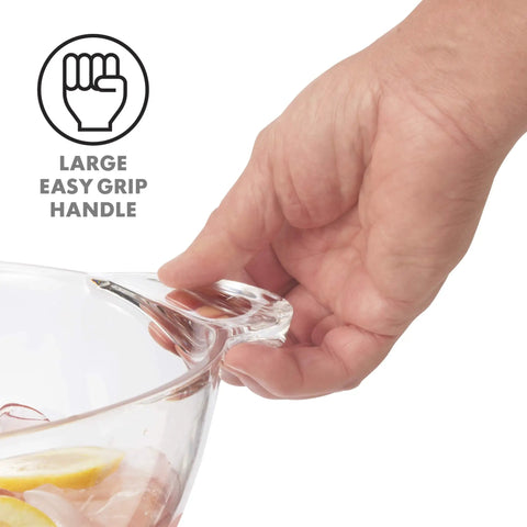 Close-up of a hand holding the large easy-grip handle on the Acrylic Oval Party Tub With Handles For Chilling Drinks Indoor Outdoor Bar Use Crystal Clear Beverage Cooler Ice Tub For Wine Beer And Soda Easy Carrying Drink Station