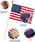 Pack Of 12 12X18 Inch Outdoor American Flags On Sticks With Vivid Color Kid Safe Spear Top, durable polyester material displayed.