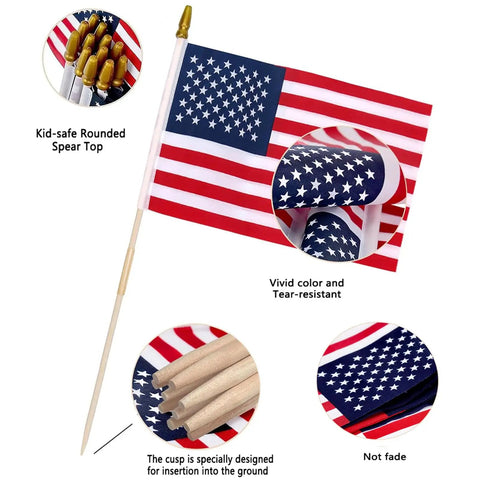 Pack Of 12 12X18 Inch Outdoor American Flags On Sticks With Vivid Color Kid Safe Spear Top, durable polyester material displayed.