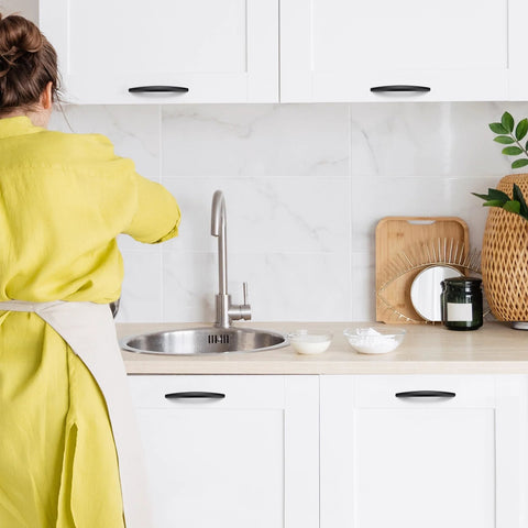 10 Pack 5 Inch Matte Black Curved Cabinet Pulls for kitchen cupboards installed on white cabinets