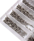 Top Shelf Stainless Steel Watch Repair Tool Kit Features One Thousand Micro Eyeglass And Clock Back Screws in a clear organizer tray.