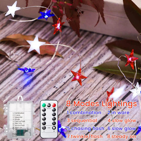 Red White Blue Patriotic String Lights 16Ft 50 LED Battery Operated With Timer And Remote on wooden surface