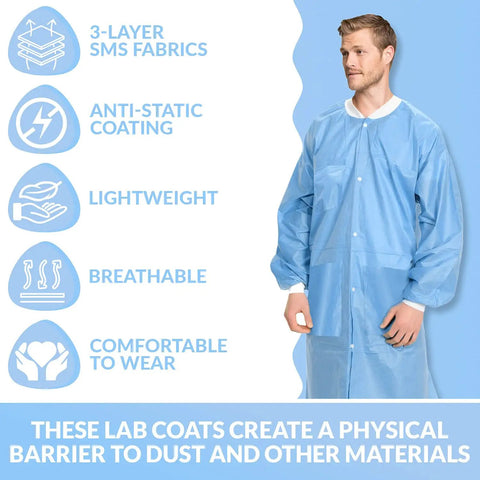Extra Safe Disposable Lab Coat Knee Length In Ceil Blue 3XL with 3 Layer SMS Fabric Anti Static Coating worn by model