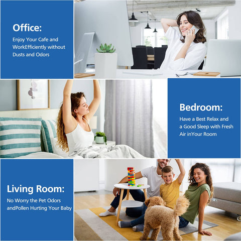 Office, bedroom, and living room scenes showcasing benefits of 2 Pack Vital 100S Replacement Filter For Vital 100S And 100S-P Air Purifier.