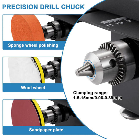 Precision drill chuck with sponge wheel, wool wheel, and sandpaper plate for Compact All In One Table Saw And Belt Disc Sander Combo