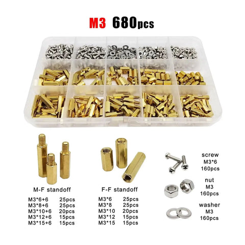 Pro Grade Solid Brass And Copper Hex Standoff And Spacer Kit For PCB Mounts M2.5 M3 M4 510/680/1700pc Assortment With Pillars Nuts Screws For Reliable Electronics Assembly, M3 kit in organizer