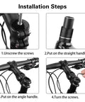 Installation steps for adjustable bike stem riser showing unscrew, handlebar setup, angle adjust, and screw tighten.