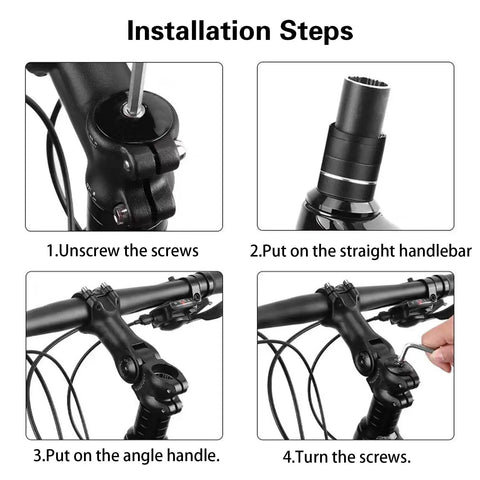 Installation steps for adjustable bike stem riser showing unscrew, handlebar setup, angle adjust, and screw tighten.
