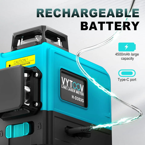 Close-up of Self Leveling Green Laser Level Tool With Rechargeable Li Ion Battery showing Type-C port and 4500mAh capacity