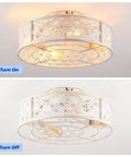 20" Retro White Floral Caged Ceiling Fan with Remote, Flush Mount Low Profile Enclosed Ceiling Fan Light Fixture, Reversible Silent DC Motor Fan for Indoor Bedroom Living Room, Bulbs Sold Separately, On and Off view.