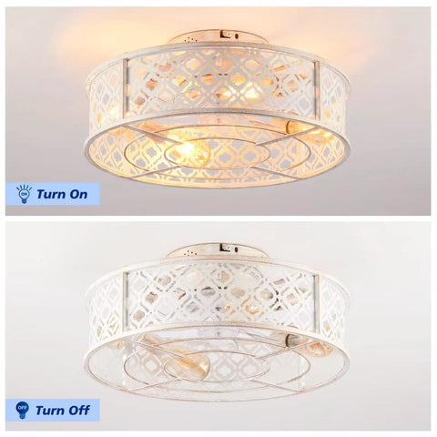 20" Retro White Floral Caged Ceiling Fan with Remote, Flush Mount Low Profile Enclosed Ceiling Fan Light Fixture, Reversible Silent DC Motor Fan for Indoor Bedroom Living Room, Bulbs Sold Separately, On and Off view.