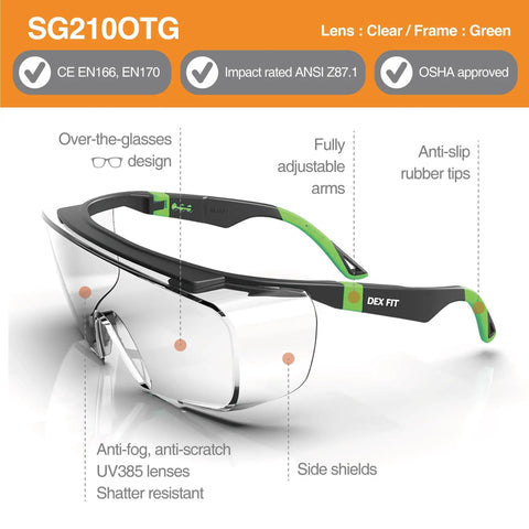 OTG Safety Glasses For Over Eyeglasses SG210 With Dual Anti Fog Coating Z87.1 Certified, side view showing features.