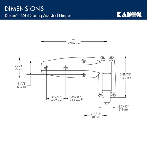 Technical drawing of Spring Assisted Hinge With High Lift Cam System For Heavy Walk-In Doors, 1-3/8 Inch Offset, Dwell Open 135 Degrees