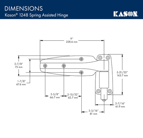 Kason® 1248 Spring Assisted Hinge dimensions drawing showing size specifications for Built Tough Spring Assisted Hinge Pack Of Two.