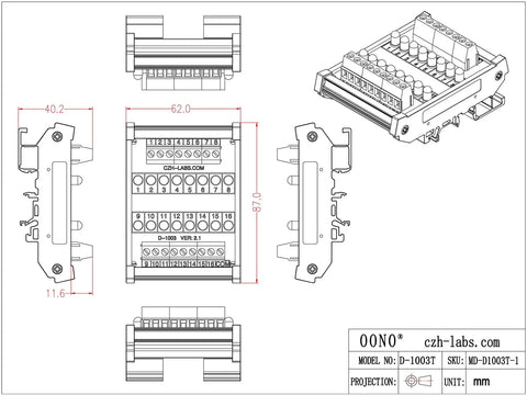 Technical diagram of Sixteen Channel Green LED Indicator Light Module For DIN Rail Mount 5 To 50V DC Common Positive And Negative