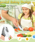 Front view of HAIMST 15-piece kids knife set for real cooking; plastic toddler knives with serrated edges and cutting board