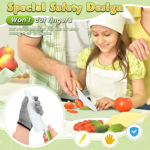 Front view of HAIMST 15-piece kids knife set for real cooking; plastic toddler knives with serrated edges and cutting board