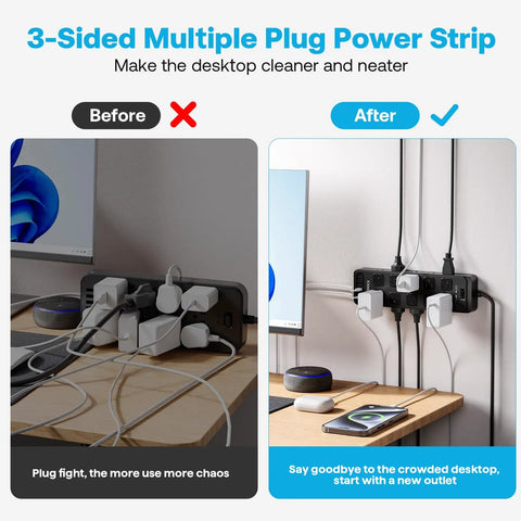 Power Strip With 20 AC Outlets And 6 USB Ports Heavy Duty Surge Protector 15 Amp 6ft Extension Cord 2700 Joules 120 to 240V Wide Voltage Perfect For Your Home Office Rig And Tech Setup on cluttered desk
