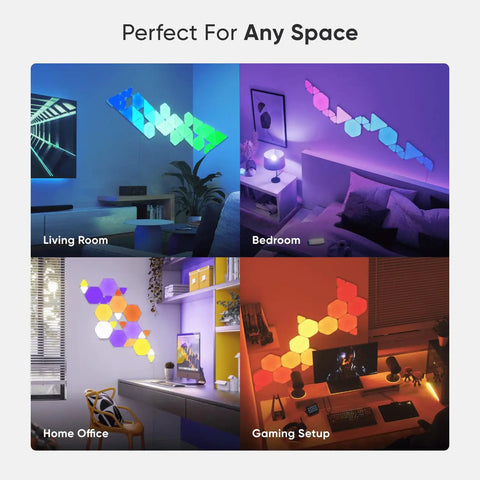 Shapes LED Wall Lights Kit With RGBW Panels, Sixteen Million Colors, Dope Smart Home Setup With Alexa And Google Assistant, Music Sync And Screen Mirror, Triangles Expansion Pack 3 Pack in various room settings