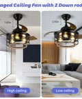Side-by-side view of 36 Inch Rustic Farmhouse Ceiling Fan With Light And Remote Black Metal Cage Fandelier in high and low ceiling settings.