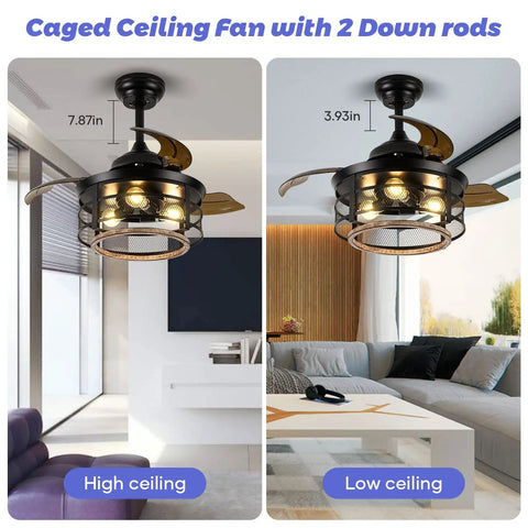 Side-by-side view of 36 Inch Rustic Farmhouse Ceiling Fan With Light And Remote Black Metal Cage Fandelier in high and low ceiling settings.