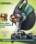Side view of Heavy Duty 2200W 3800RPM Abrasive Chop Saw for fast metal cutting, showing motor details and high-temperature resistance.