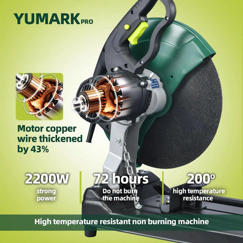 Side view of Heavy Duty 2200W 3800RPM Abrasive Chop Saw for fast metal cutting, showing motor details and high-temperature resistance.