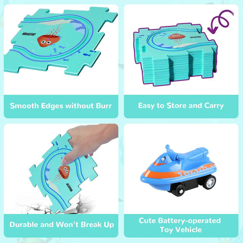 Four sections showing Ocean Edition Puzzle Track Car Play Set For Kids Ages 3 To 6 With Vehicles And Car Tracks Educational Water Scooter