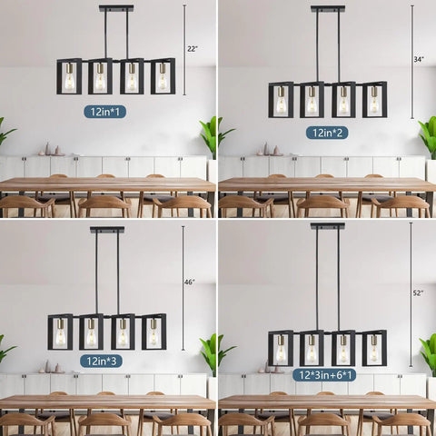 Four Light Wood Chandelier With Black Wood Frame And Gold E26 Socket Industrial Rectangle Linear Pendant Light For Kitchen Island Bar Hallway And Pool Table Height Adjustable Rustic Farmhouse Vibe