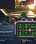 Dimmable Six Gang Switch Panel for cars displaying LED icons, featuring rotary waterproof connectors, with sunlight in background