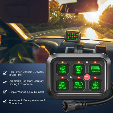 Dimmable Six Gang Switch Panel for cars displaying LED icons, featuring rotary waterproof connectors, with sunlight in background