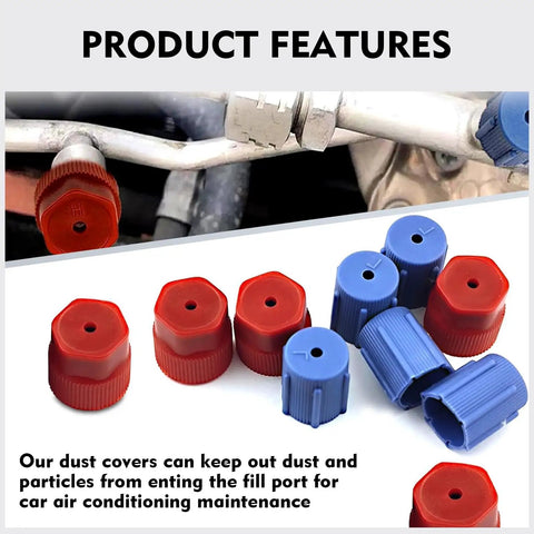 Must Have AC Service Port Caps 10 Pack For R134a Auto Air Conditioning System with red and blue ABS plastic caps shown