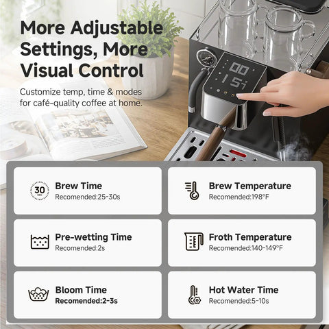Hassle Free Semi Automatic Espresso Maker With Hands Free Milk Frother For Silky Lattes And Rich Cappuccinos Boasts Rapid Heat Up settings displayed on digital screen.